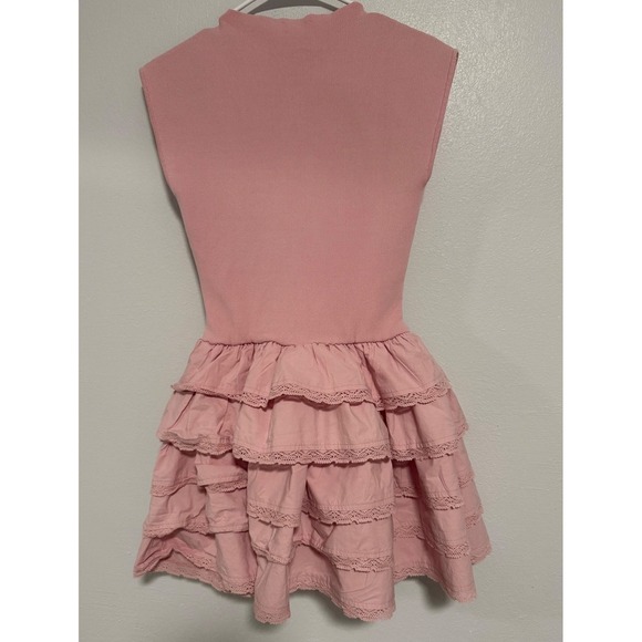 Meshki Pink Dress Tiered Ruffle Lace Trim Mini Short Sleeveless Casual - Picture 4 of 7